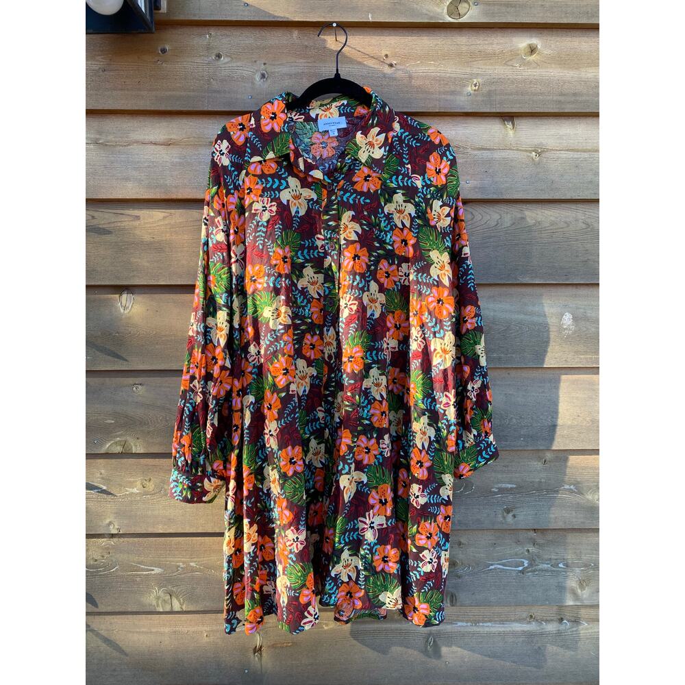Anniewear brown colorful floral 60's vibes shirt dress - Picture 2 of 6